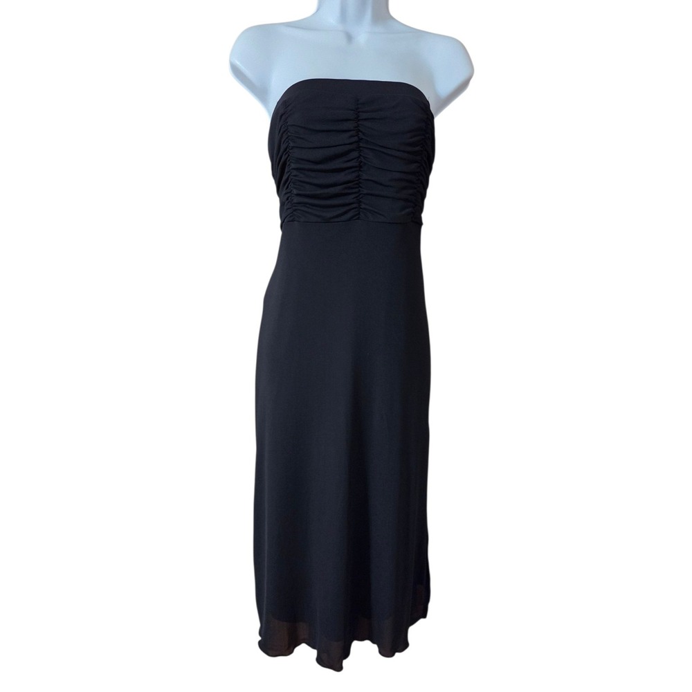 Kirious Strapless Black Chiffon A-Line Slit Midi Dress Cocktail Ruched Bodice L